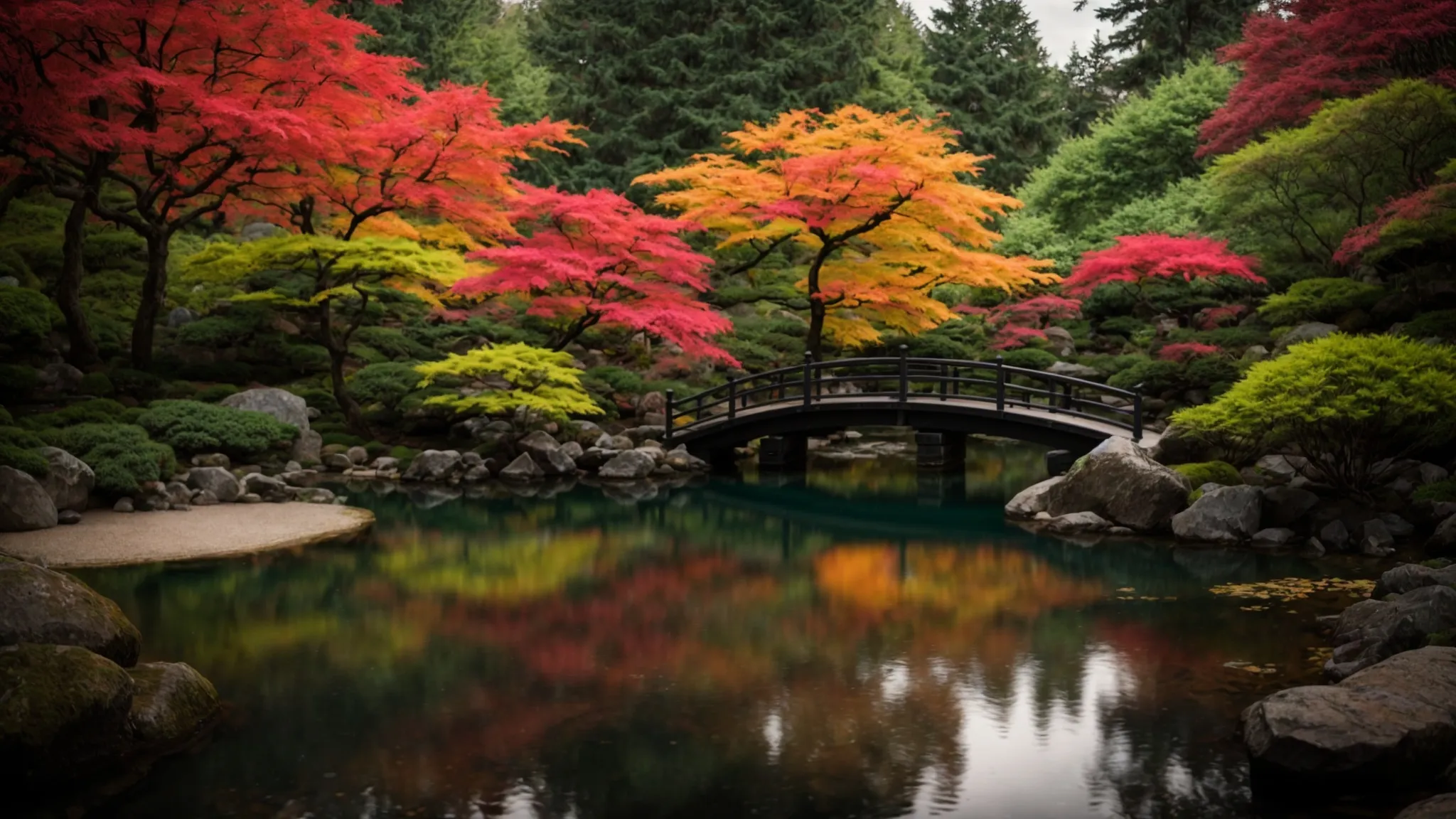 a tranquil garden scene featuring a serene pond surrounded by vibrant japanese maples and lush evergreens, with the soft reflection of shimmering water capturing the essence of nature's harmony.
