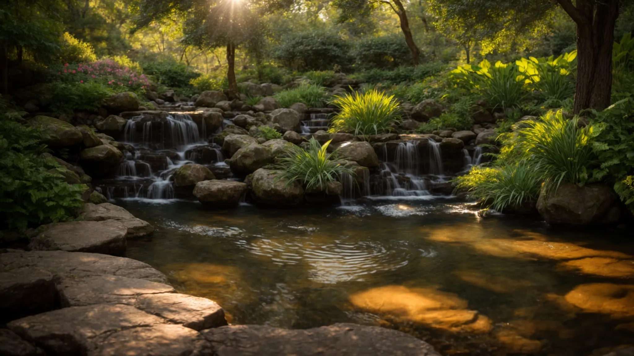 a tranquil georgia garden showcases a stunning fieldstone pond surrounded by lush greenery, intricate waterfalls cascading gently, all bathed in soft golden sunlight that highlights the serene beauty of the landscape.