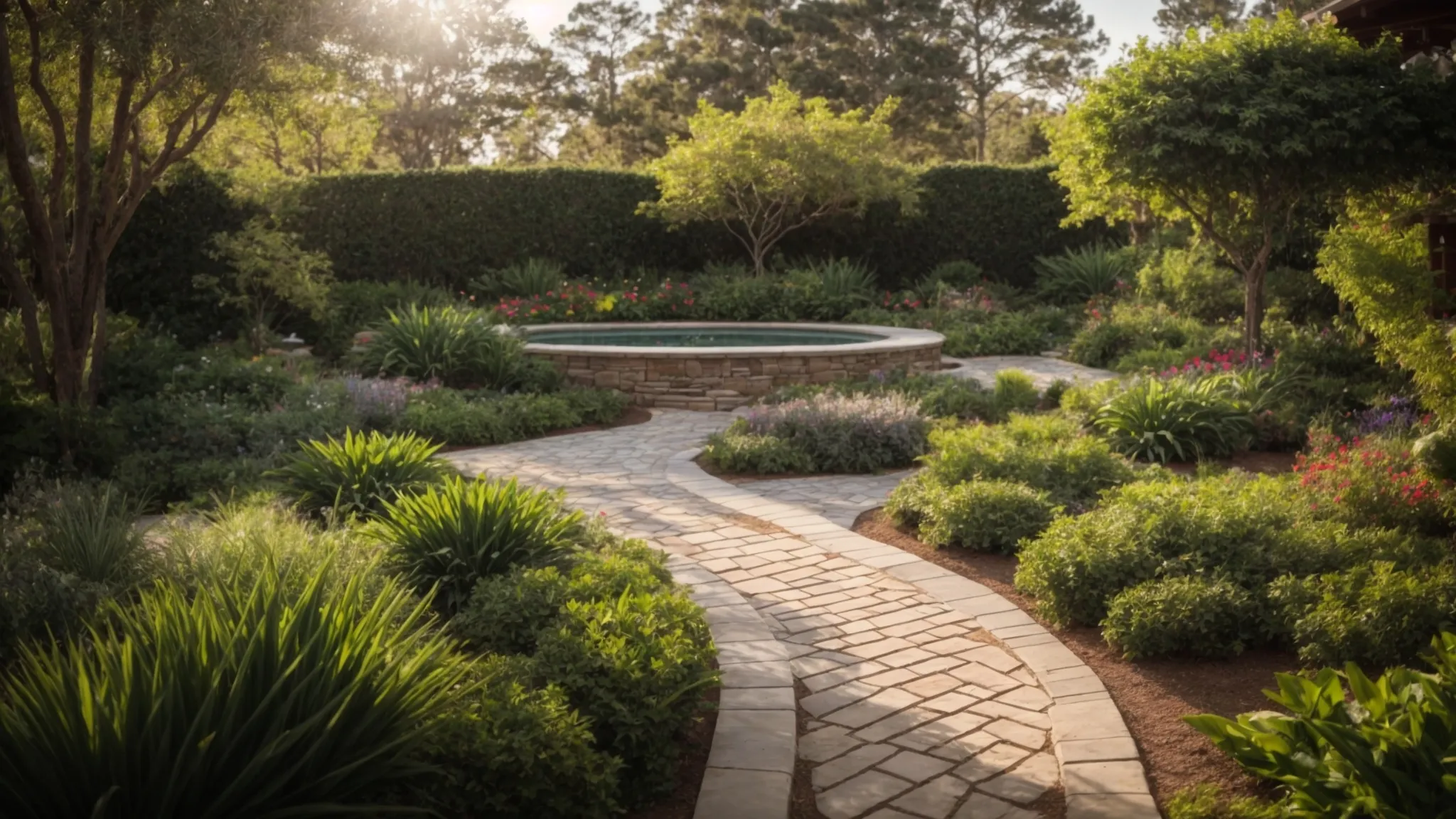 a vibrant and inviting landscape featuring lush greenery, artistic paver pathways, and sustainable garden designs, all set against the backdrop of a warm georgia sun.