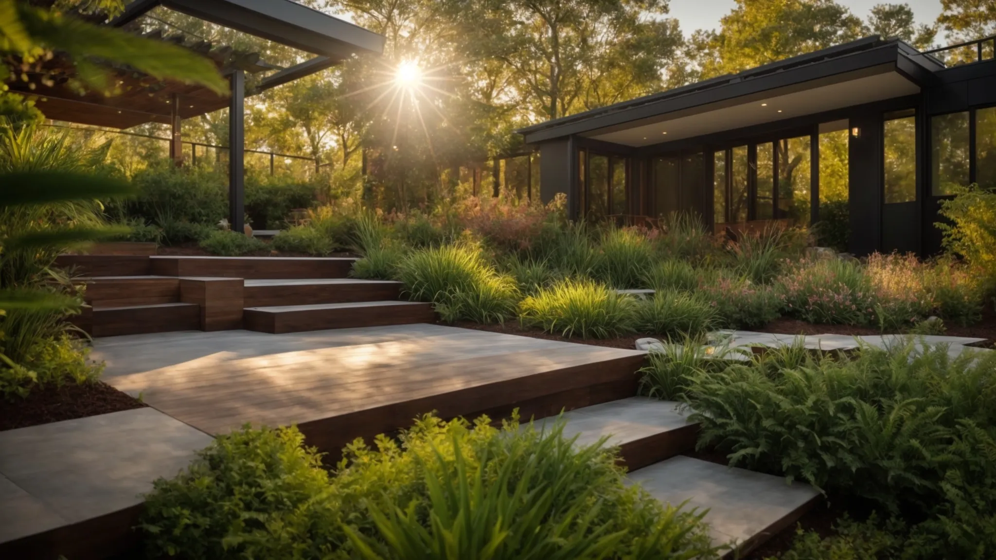 a vibrant and lush georgia landscape showcases an eco-friendly garden designed with elegant retaining walls, reflecting tailored landscaping solutions that blend aesthetic beauty with sustainable practices under soft, golden sunlight.