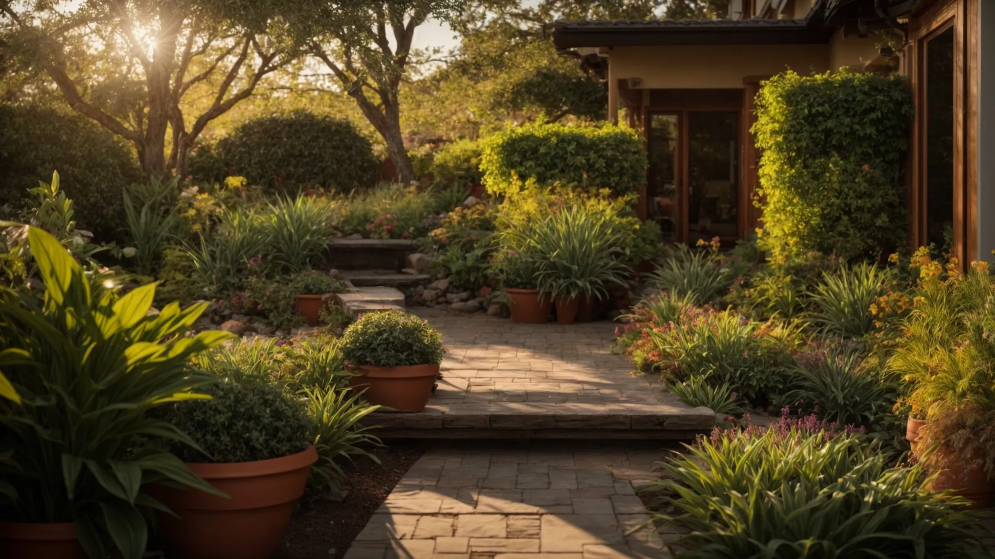 a vibrant and lush landscape showcasing an array of premium landscape supply products, with expertly arranged local plants and sustainable materials bathed in warm, golden sunlight to highlight their rich textures and natural beauty.