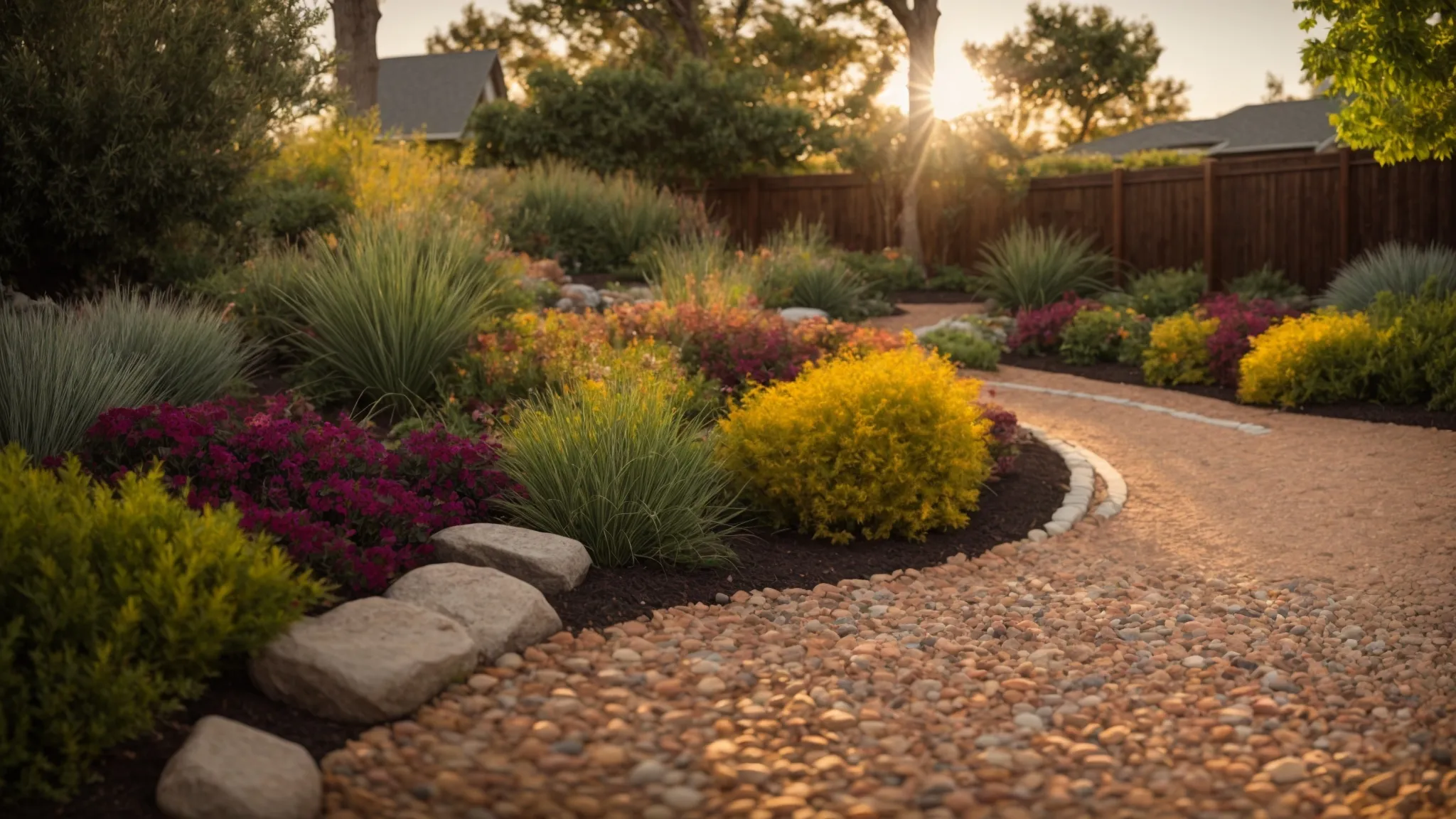 a vibrant display of various landscaping materials, including rich cypress mulch, colorful decorative gravel, and sturdy pavers, arranged harmoniously in an inviting outdoor garden setting under soft, golden afternoon light.