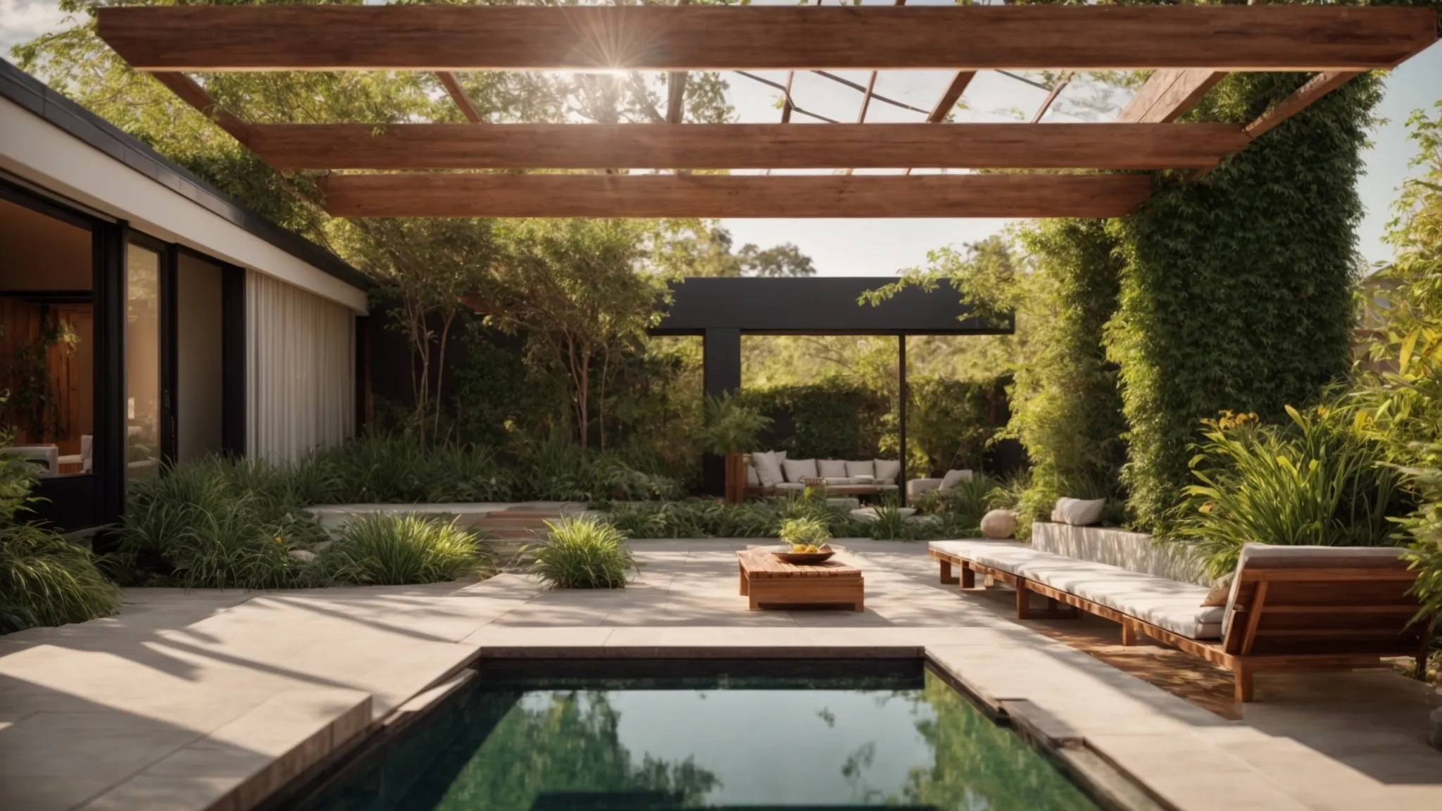 a vibrant, expertly landscaped outdoor space showcases a harmonious blend of natural materials and lush greenery, illuminated by warm sunlight to highlight its functional and aesthetic beauty.