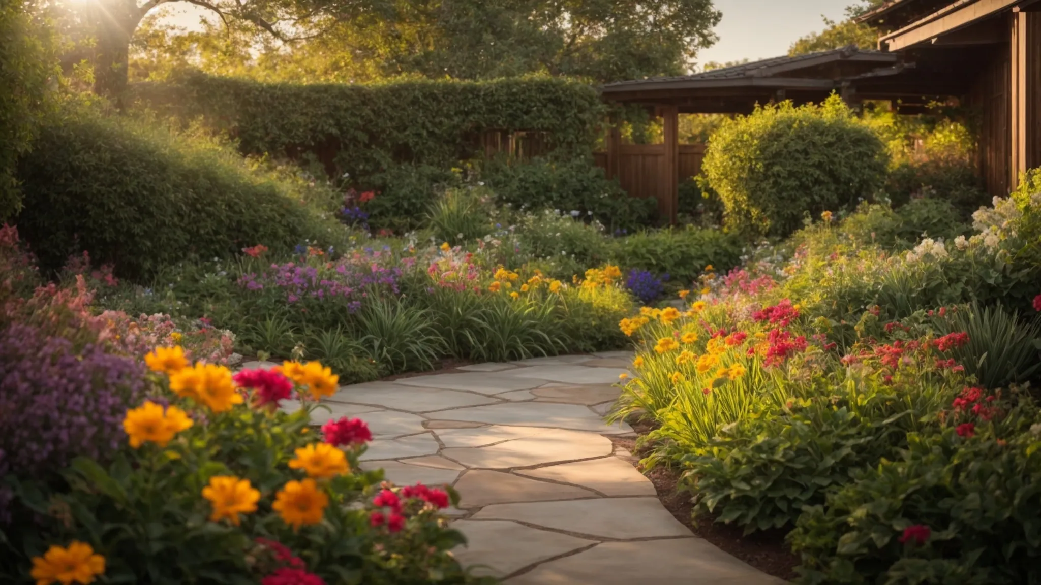 a vibrant garden landscape filled with lush greenery, colorful flowers, and beautifully arranged hardscaping materials, illuminated by soft, golden afternoon light, showcasing a harmonious blend of nature and designed space.