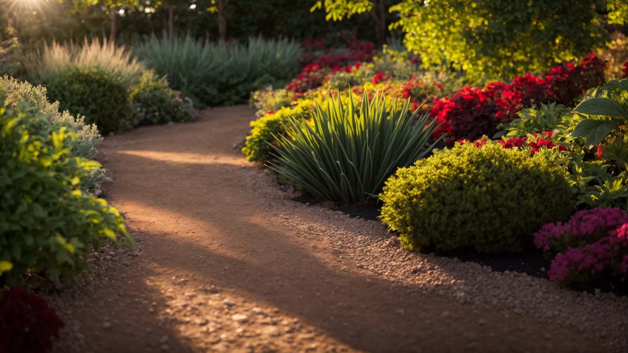 a vibrant garden scene showcases meticulously maintained mulch beds alongside neatly raked gravel pathways, highlighting the contrast between rich organic textures and the clean edges of the gravel, bathed in warm afternoon sunlight.
