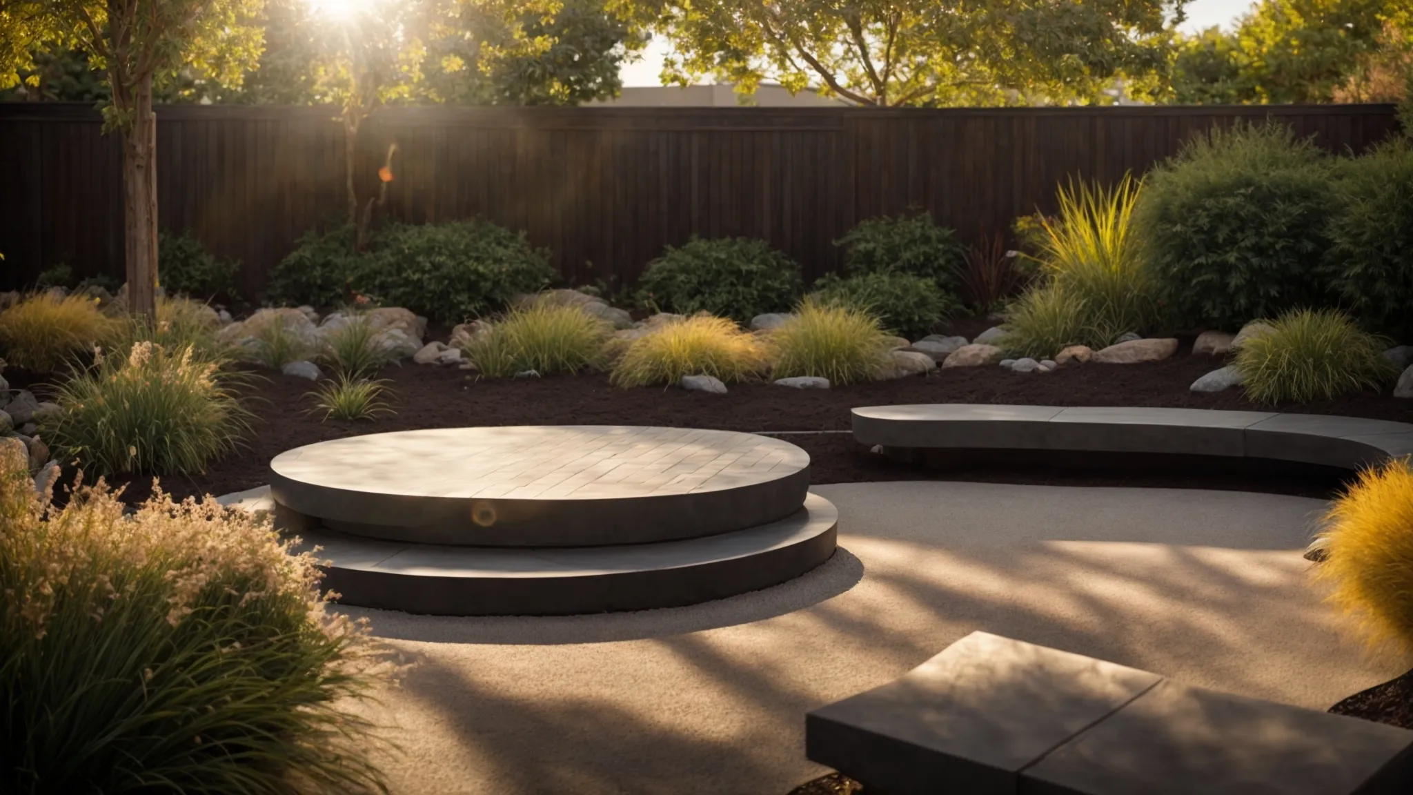 a vibrant garden setting showcases beautifully arranged landscaping materials&mdash;rich, dark mulch, smooth concrete slabs, and natural stones&mdash;illuminated by soft, golden sunlight, highlighting the seamless blend of aesthetics and functionality in outdoor design.