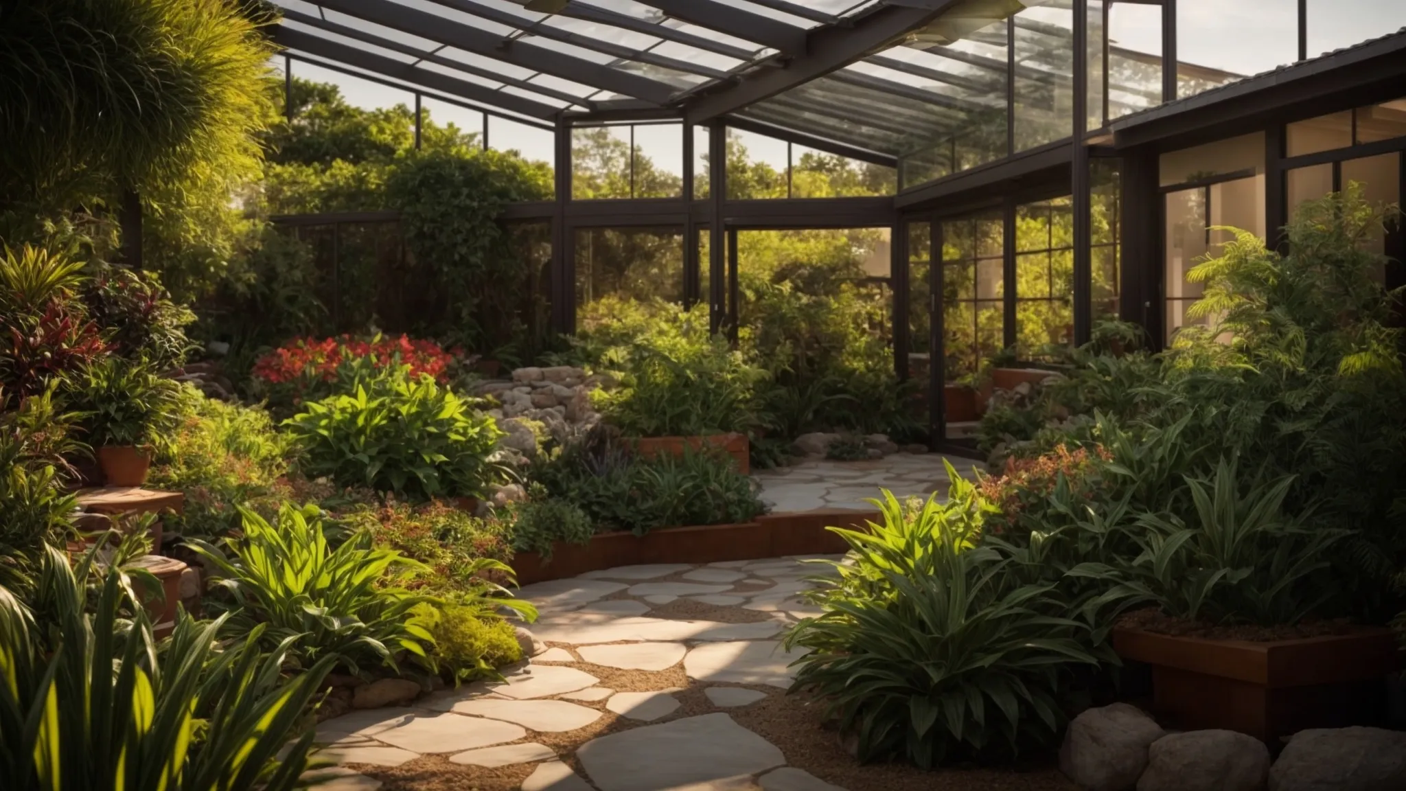 a vibrant garden showcase featuring an extensive array of lush plants, textured hardscape materials, and eco-friendly supplies, all bathed in warm afternoon sunlight to highlight their natural beauty and versatility.