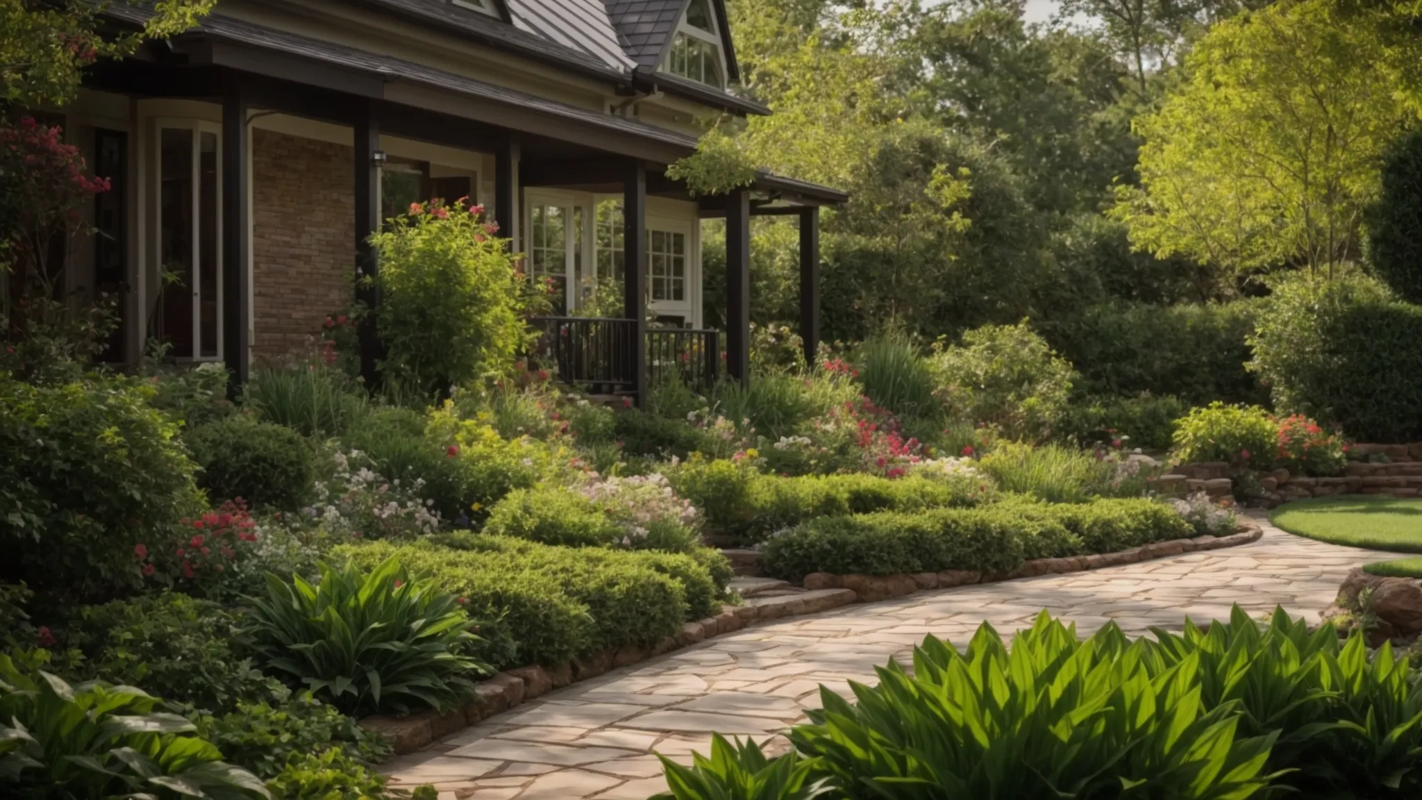 a vibrant garden transformation showcasing lush greenery and colorful blooms, radiating customer satisfaction and the essence of quality landscaping services in a sunlit georgia setting.