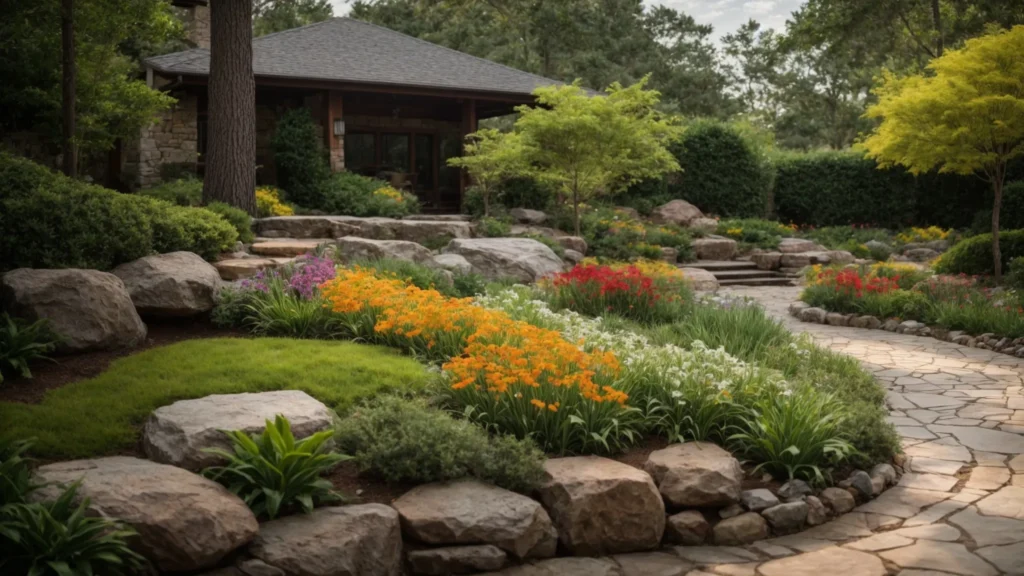a vibrant landscape filled with lush greenery, colorful flowers, and expertly arranged stones, showcasing the beauty and artistry of professional landscaping in georgia.