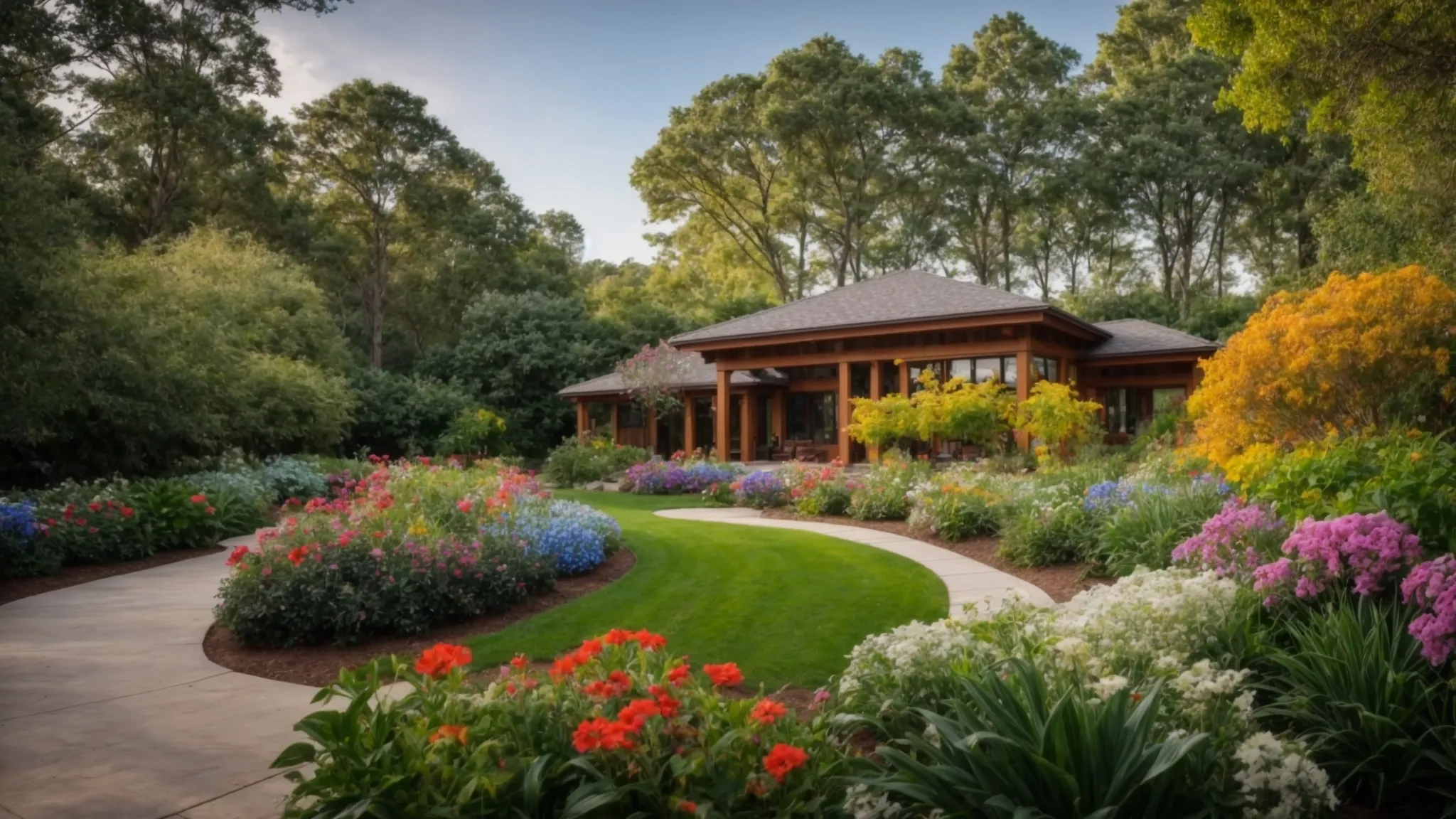 a vibrant landscape scene showcasing lush greenery and colorful flowers under a clear blue sky, highlighting the commitment of double a landscaping to creating beautiful outdoor spaces in georgia.