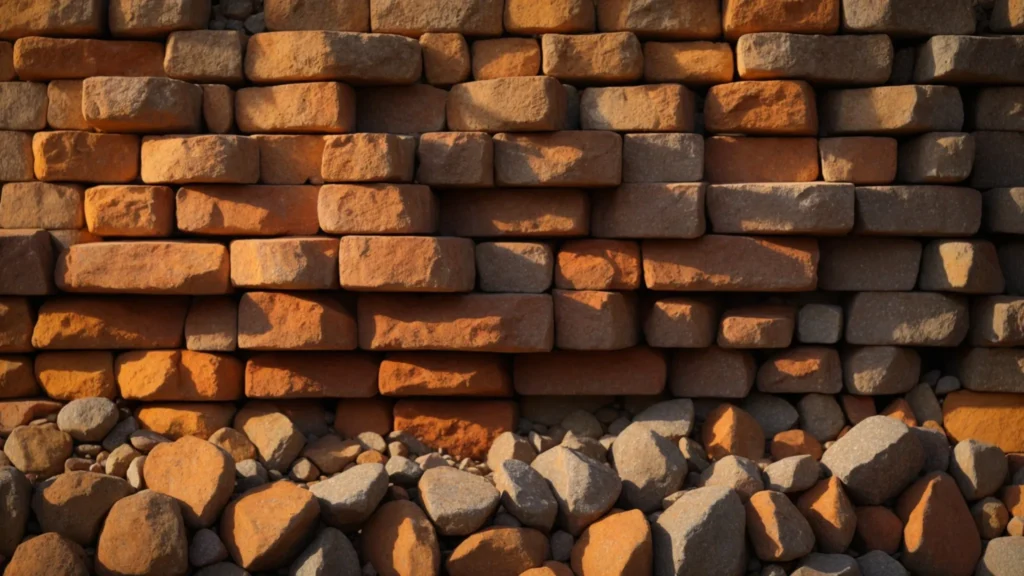 a vibrant landscape showcases a meticulously arranged retaining wall made of sturdy blocks, complemented by a textured layer of smooth gravel and rugged rocks, bathed in warm afternoon sunlight.