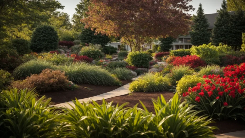 a vibrant landscape showcases a rich assortment of premium mulch and lush greenery at double a landscaping, illuminated by warm sunlight filtering through towering trees.