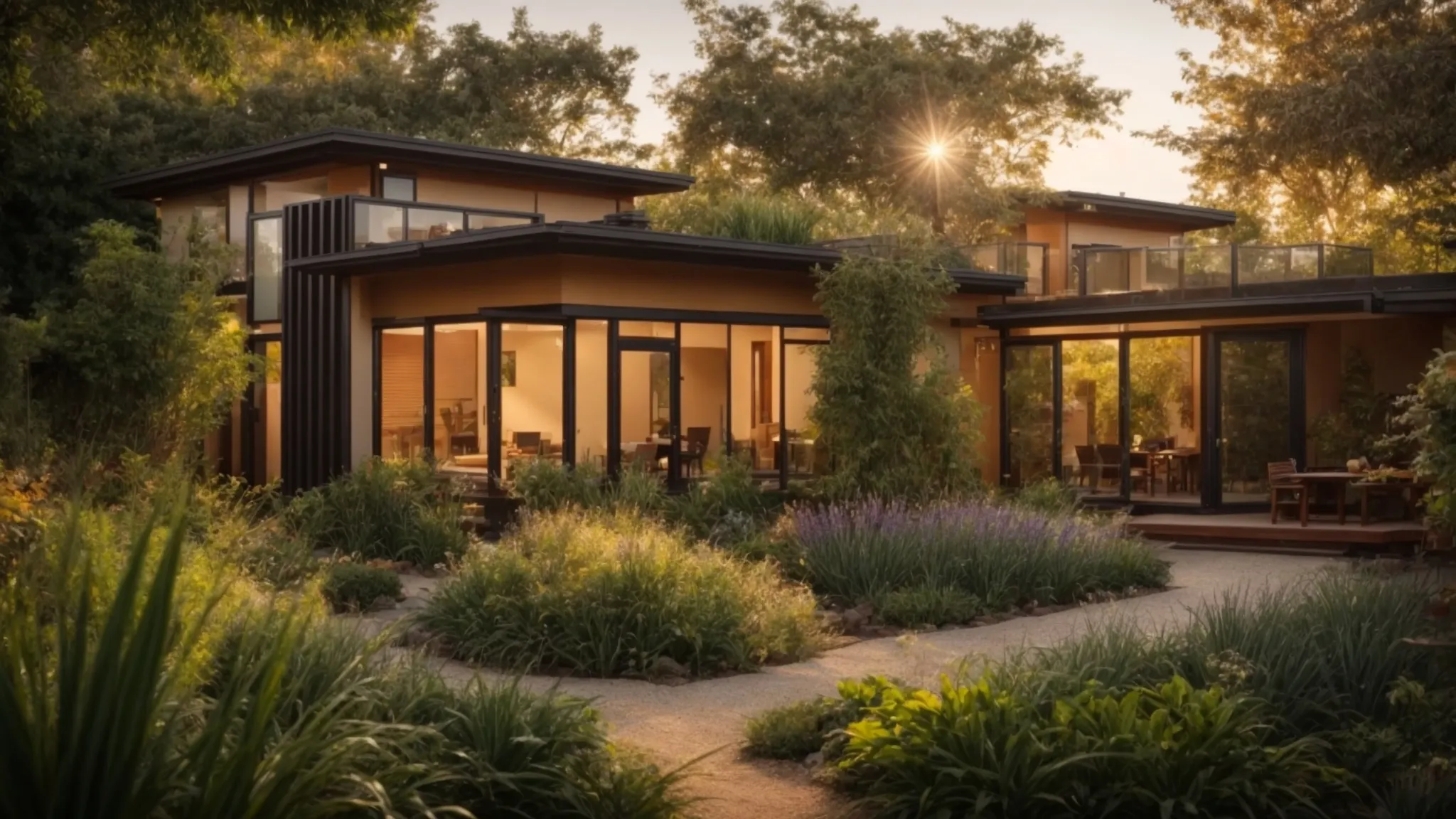 a vibrant landscape showcases lush greenery and native plants, highlighting sustainable gardening practices with an eco-friendly design, bathed in warm, golden sunlight.