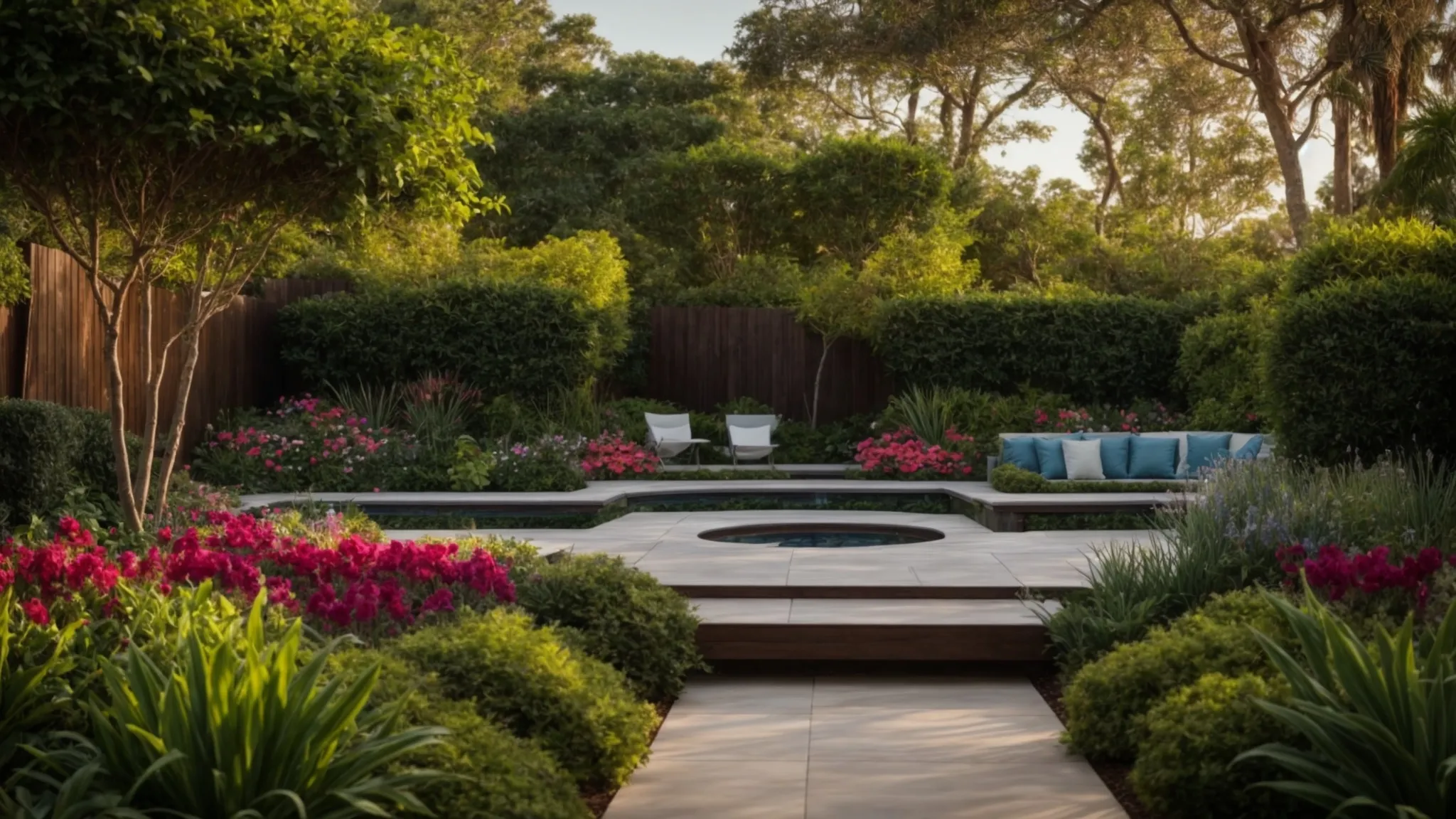 a vibrant landscape showcasing a beautifully transformed garden, with lush greenery, colorful flowers, and expertly arranged features that reflect the exceptional service and support provided by a dedicated landscaping team.