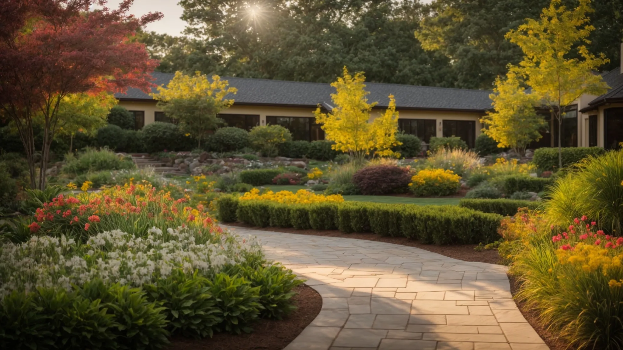 a vibrant landscape showcasing a beautifully landscaped garden, featuring a mix of lush greenery, elegant retaining walls, and colorful flower beds under soft golden sunlight to emphasize the quality and diversity of landscaping solutions available in georgia.