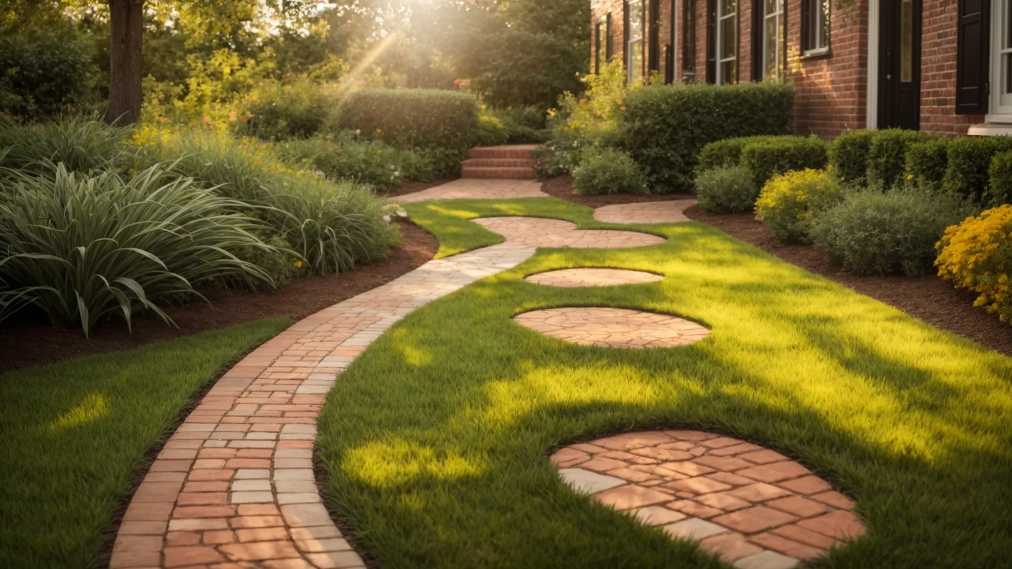 a vibrant landscape showcasing a lush green lawn paired with a striking brick pathway, bathed in warm golden sunlight that emphasizes the beauty and durability of premier landscaping supplies tailored for georgia's diverse seasons.