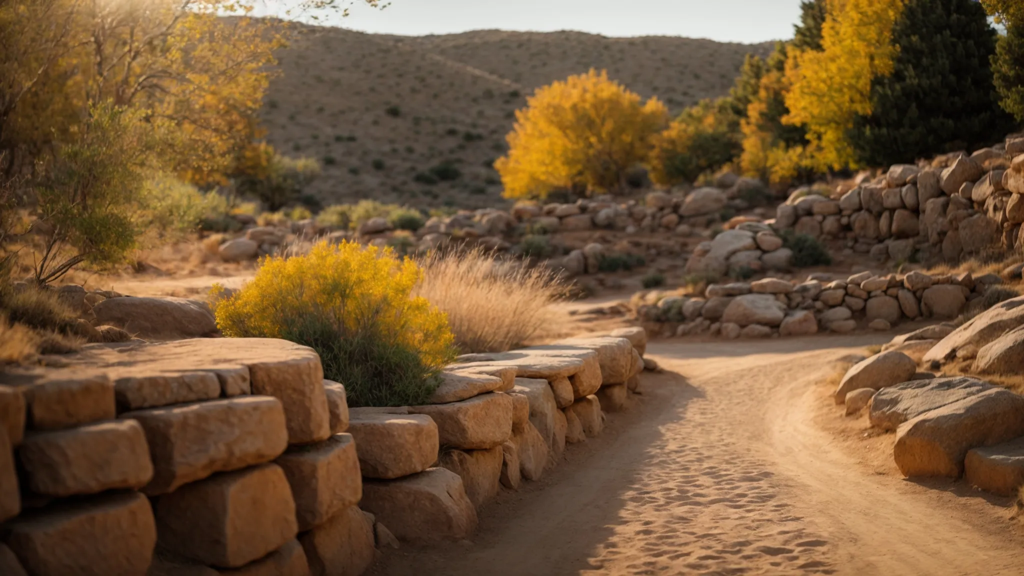 a vibrant landscape showcasing a meticulously arranged gravel path lined with striking, textured rock formations and sturdy retaining wall blocks, bathed in warm sunlight to highlight the harmonious blend of natural materials.