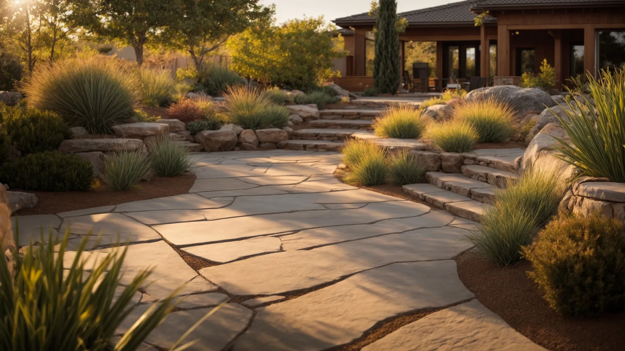 a vibrant landscape showcasing a stunning hardscape design with diverse flagstone options, bathed in warm afternoon sunlight, illustrating the beauty and accessibility of quality landscaping supplies.