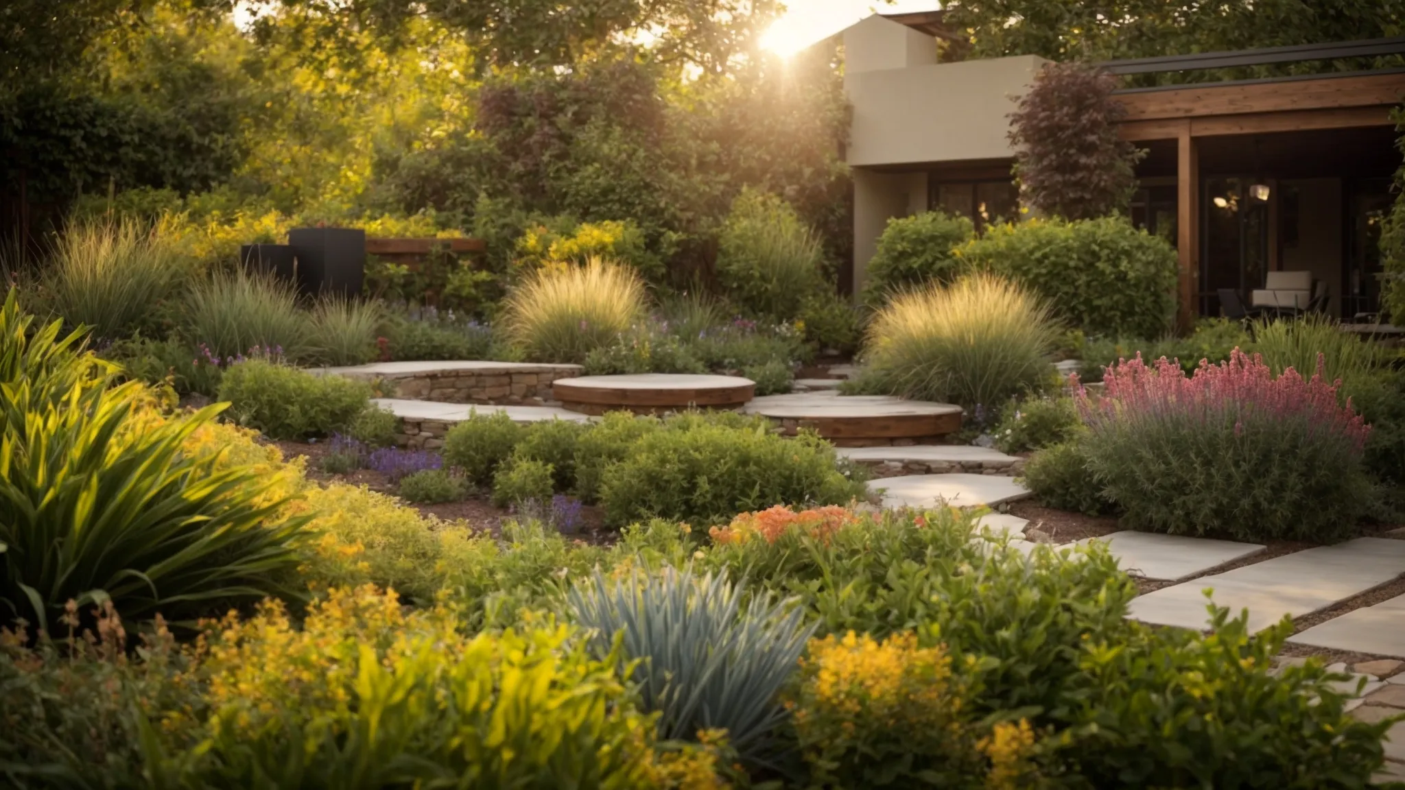 a vibrant landscape showcasing expertly layered garden beds, lush greenery, and decorative stone features, illuminated by the warm glow of the golden hour, epitomizing the perfect outdoor transformation for diy enthusiasts.
