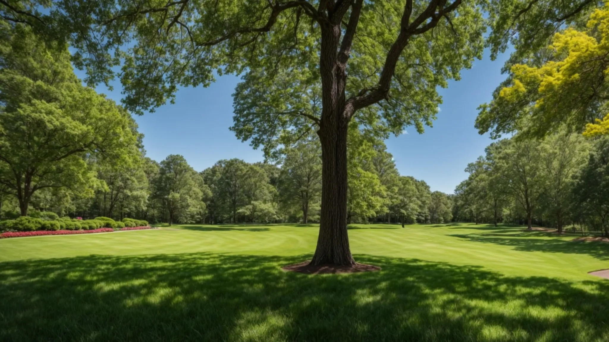 a vibrant landscape showcasing lush green trees and neatly laid sod under a clear blue sky, embodying the essence of professional landscaping services in georgia.