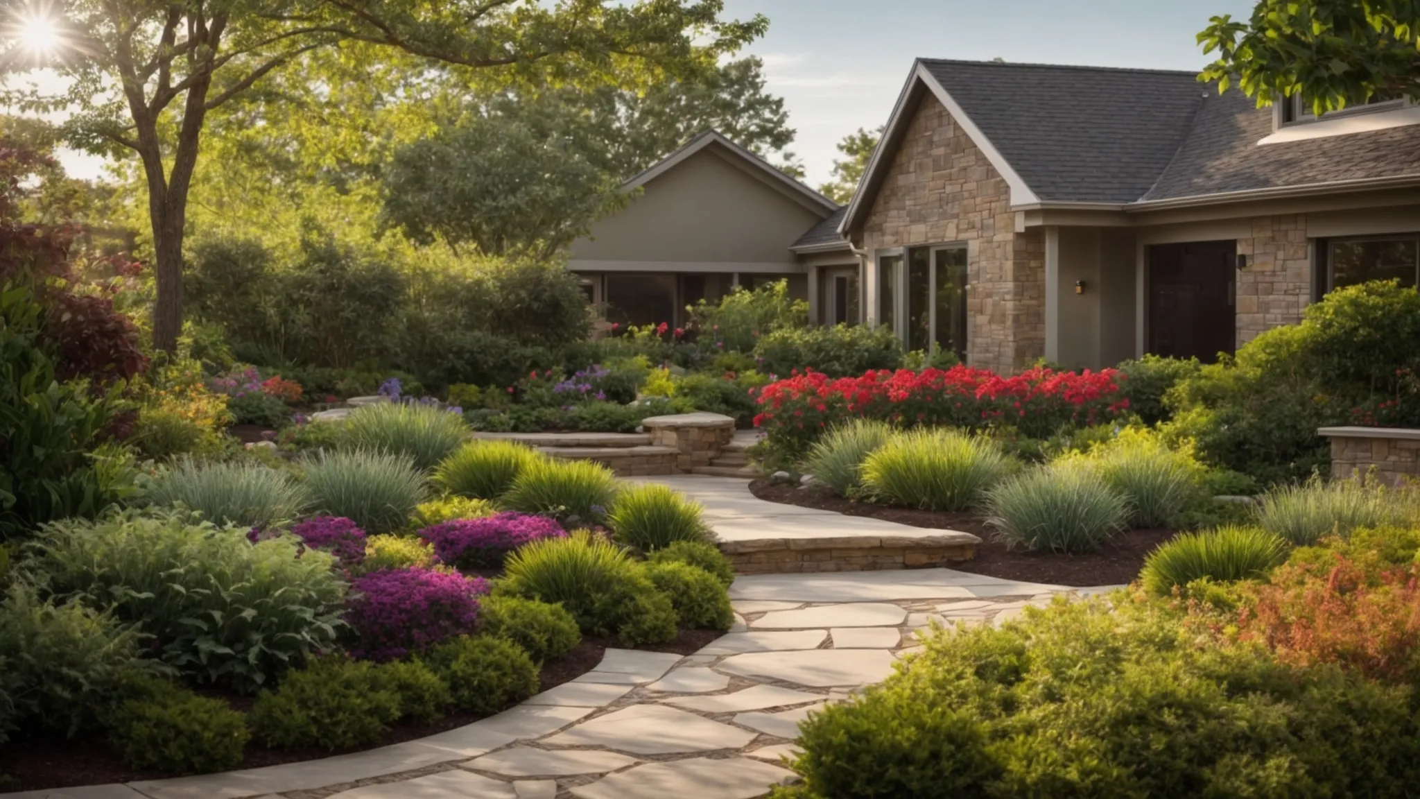 a vibrant outdoor landscape captures a rich array of lush green plants and colorful shrubs, harmoniously complemented by neatly arranged mulch and stone hardscaping, showcasing the essence of an inviting garden space.
