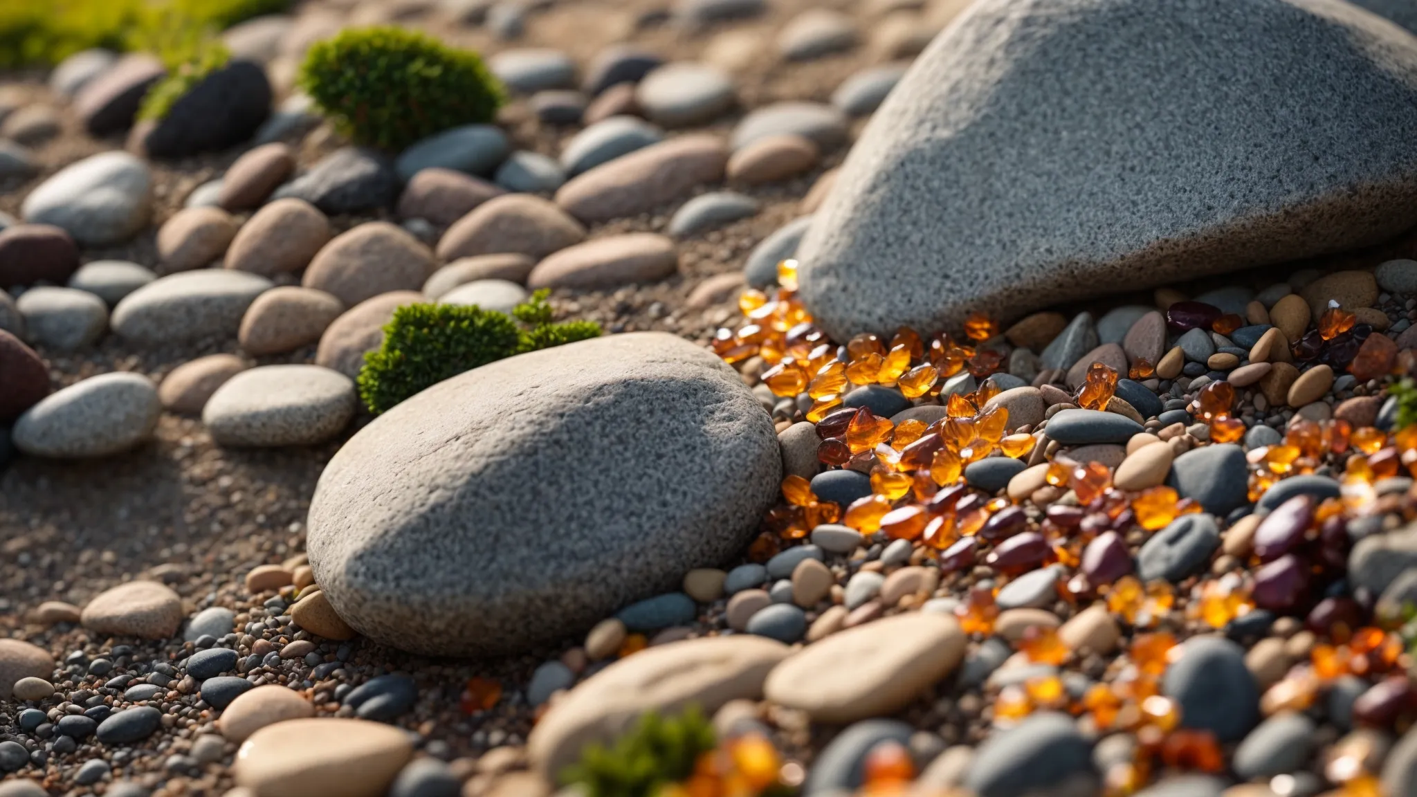 a vibrant outdoor landscape showcases a variety of colorful gravel and decorative rocks in an array of textures, emphasizing their role in enhancing garden designs under bright, natural light.