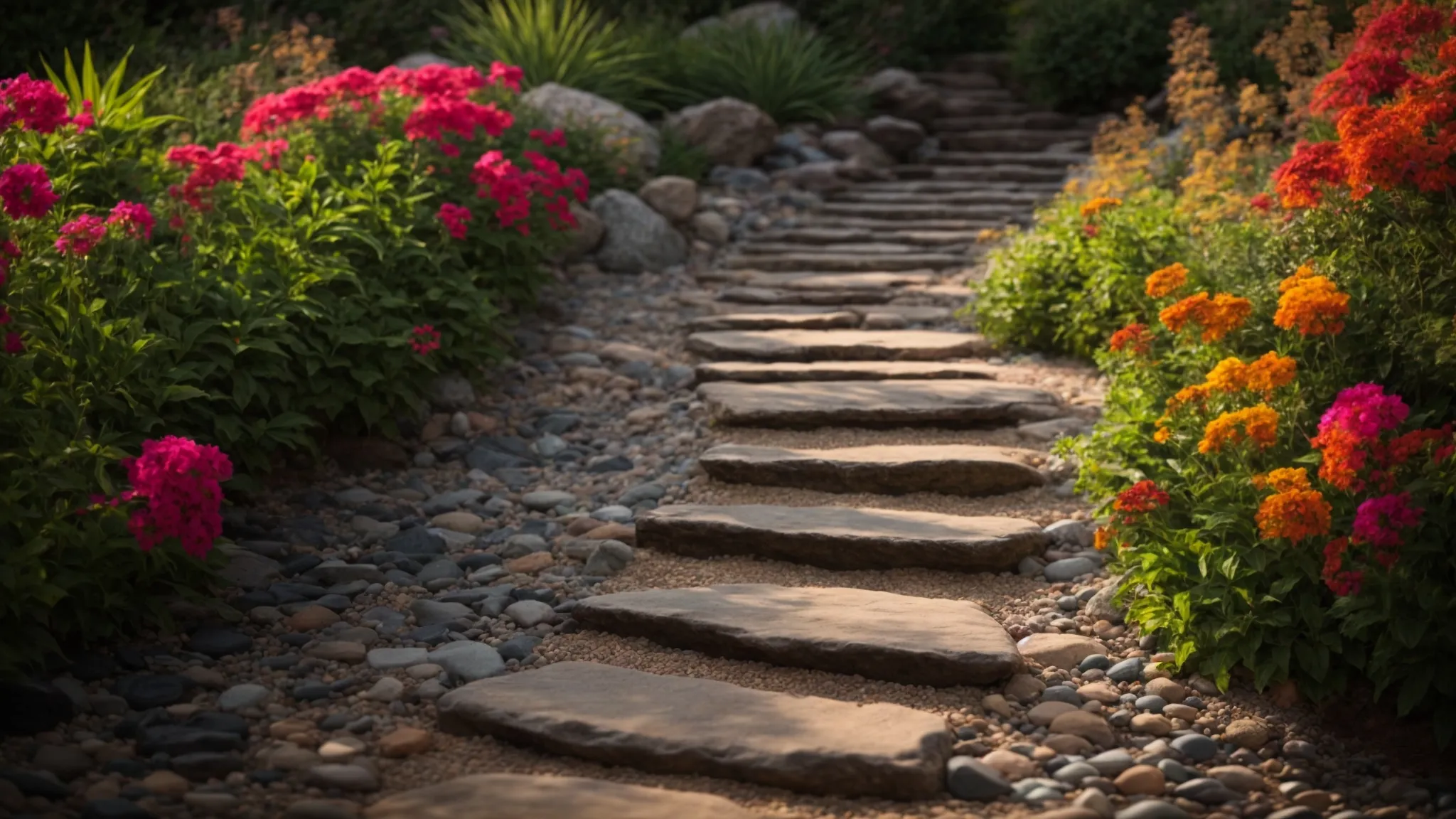a vibrant outdoor landscape showcases a variety of richly colored decorative gravel and rugged stones, beautifully arranged to enhance the natural beauty of a georgia garden.