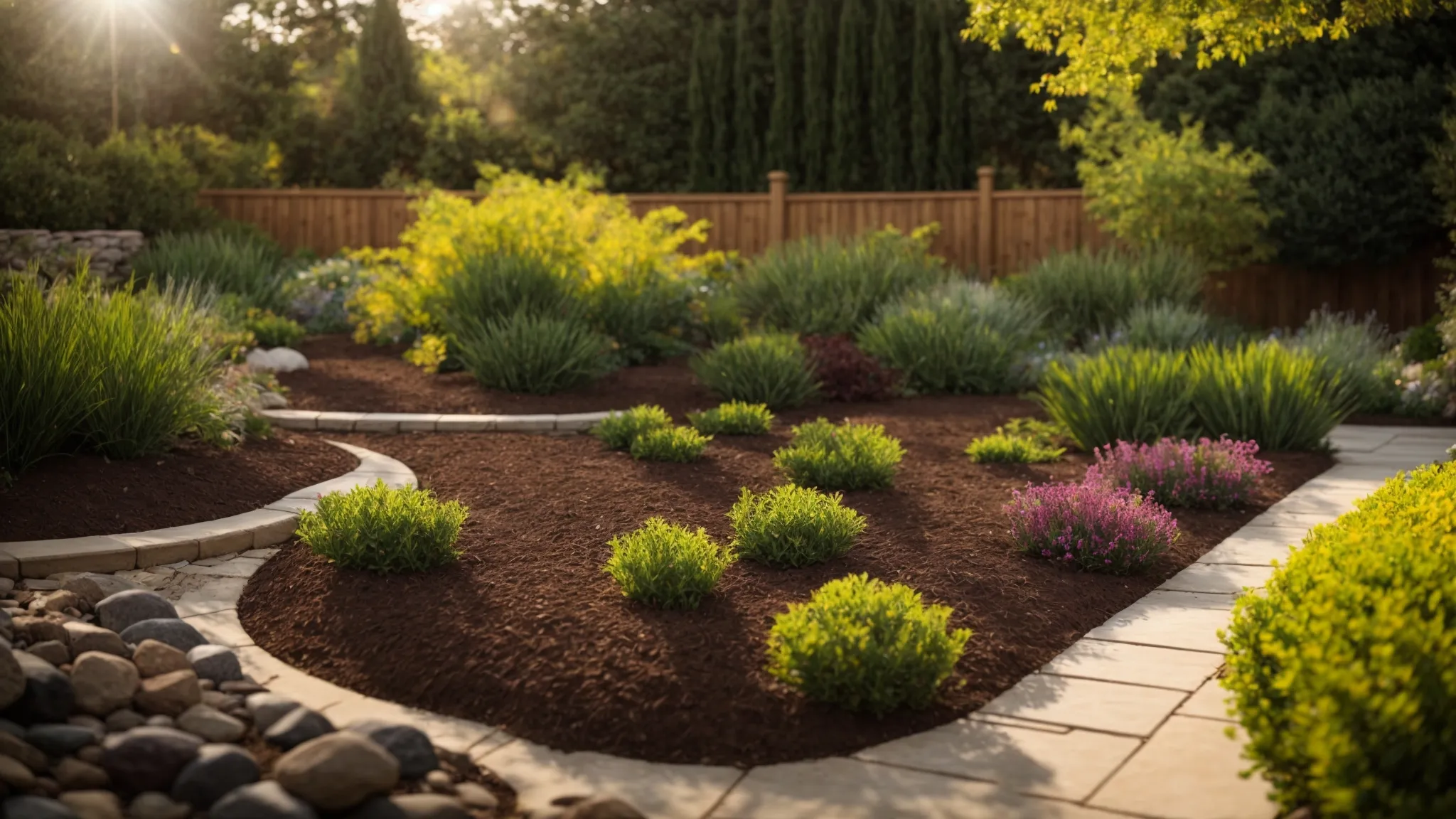 a vibrant outdoor scene showcasing a well-landscaped garden filled with rich topsoil, textured pea gravel, and lush oak mulch, illuminated by warm sunlight that highlights the natural beauty and diversity of premium landscaping materials.