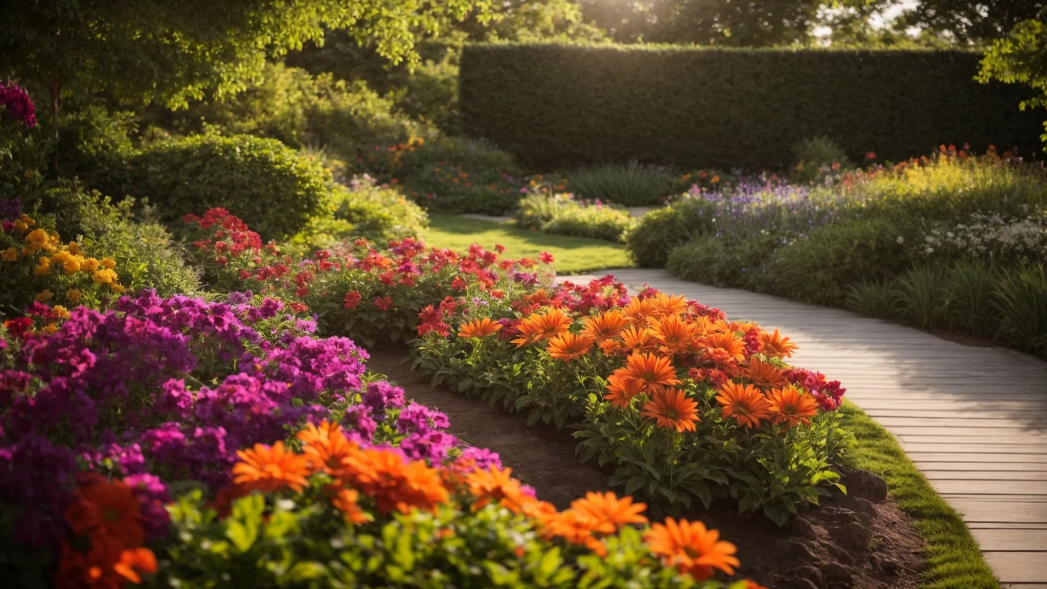 a vibrant, sunlit garden bursting with colorful flowers and lush greenery invites viewers to envision the transformative potential of professional landscaping services.