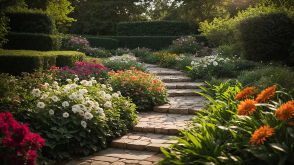 a vibrant, sunlit garden flourishing with lush greenery, colorful flowers, and elegant stone pathways, embodying the essence of a thriving landscape supply business in georgia.