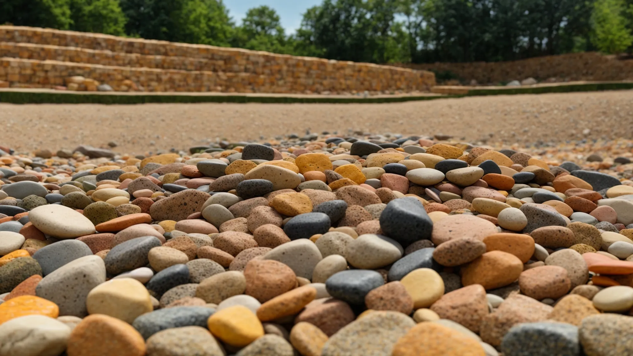 a vibrant, sunlit landscape showcasing a variety of colorful gravel and rock supplies arranged harmoniously, with sturdy retaining wall blocks in the background, symbolizing the essence of quality landscaping in georgia.
