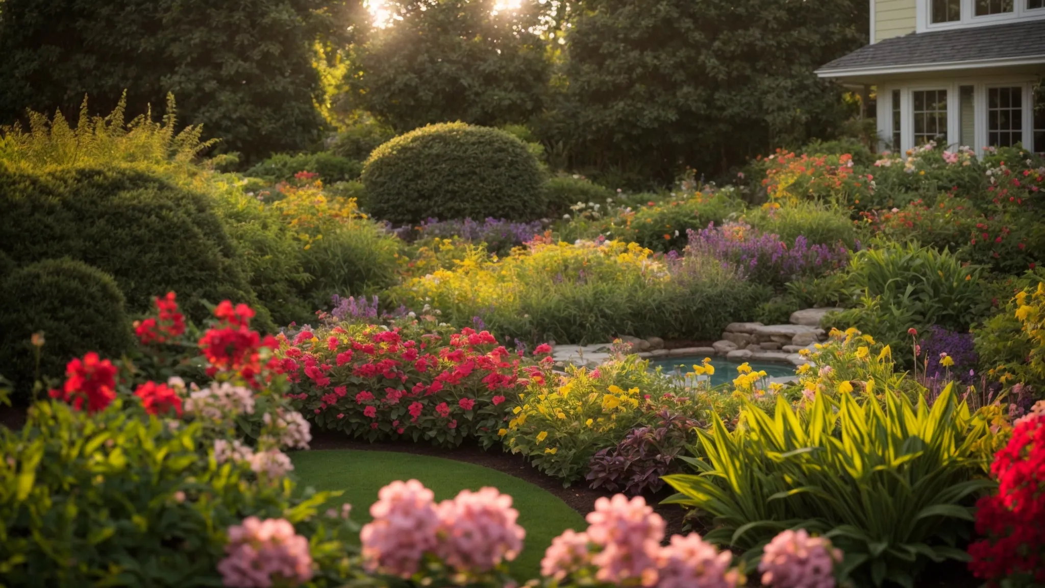 a vibrant, well-manicured garden showcases an array of colorful flowers and lush greenery, illuminated by soft, golden sunlight that highlights the meticulous landscaping work, inviting homeowners to envision their own outdoor paradise.