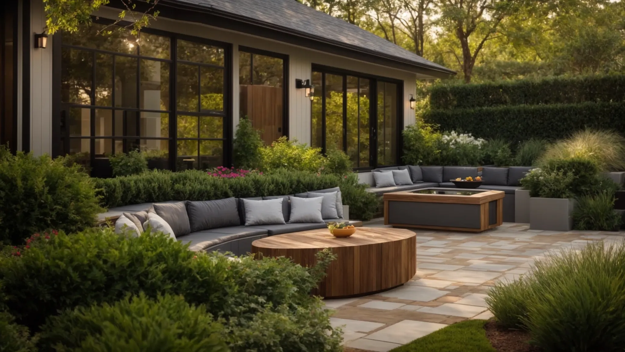 an elegant outdoor space showcases vibrant flora and beautifully designed hardscaping, radiating the transformative impact of professional landscaping services that delight satisfied clients across georgia.