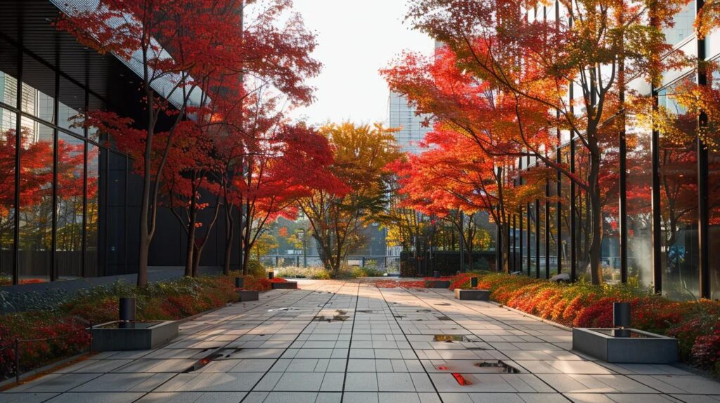 a beautifully arranged urban landscape featuring striking japanese maple trees with vibrant red and orange leaves, seamlessly integrated into a modern architectural backdrop, showcasing a harmonious blend of nature and design.