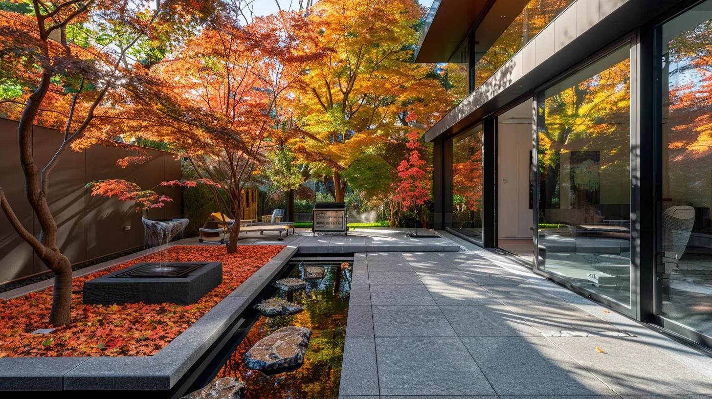 a beautifully landscaped urban garden showcases vibrant japanese maple trees in their striking autumn hues, set against a sleek stone patio and modern water feature, creating an elegant focal point for contemporary outdoor design.