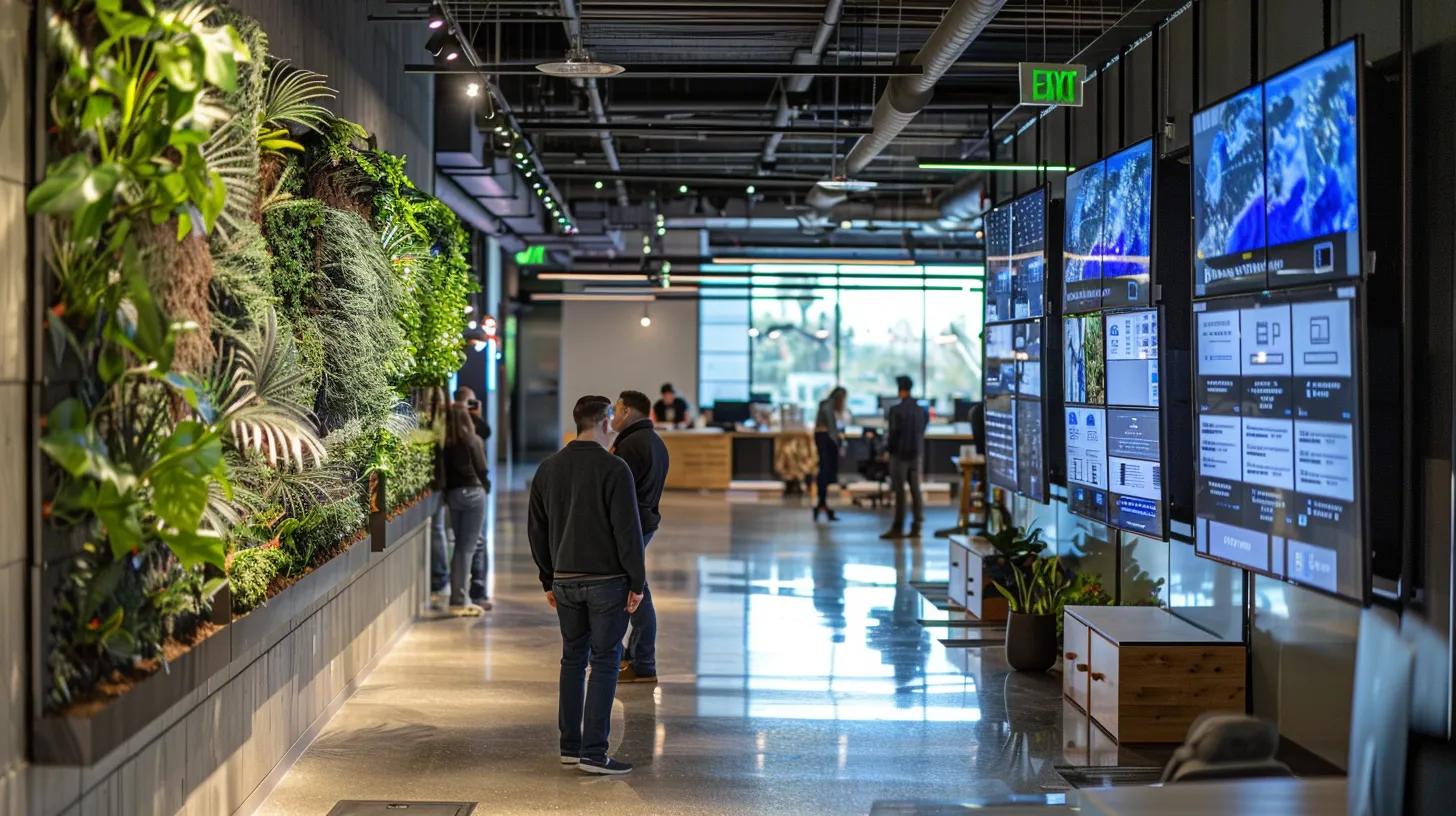 a bustling urban office space showcases a team of professionals evaluating bulk mulch delivery service options, with large digital screens displaying logistics data, customer service metrics, and product quality graphics, highlighting the importance of reliability and efficiency in supply chain management.
