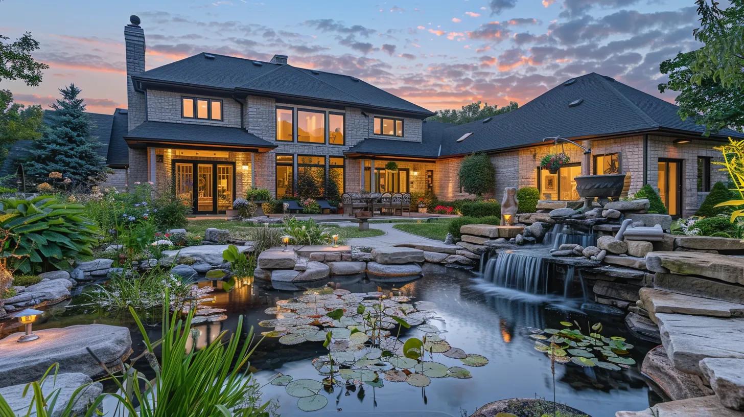 a captivating backyard design showcases a tranquil pond at the center, surrounded by vibrant landscape plants like waterlilies and creeping jenny, blending seamlessly with a decorative waterfall, all under soft overhead lighting that enhances the harmonious integration of aquatic and terrestrial elements.