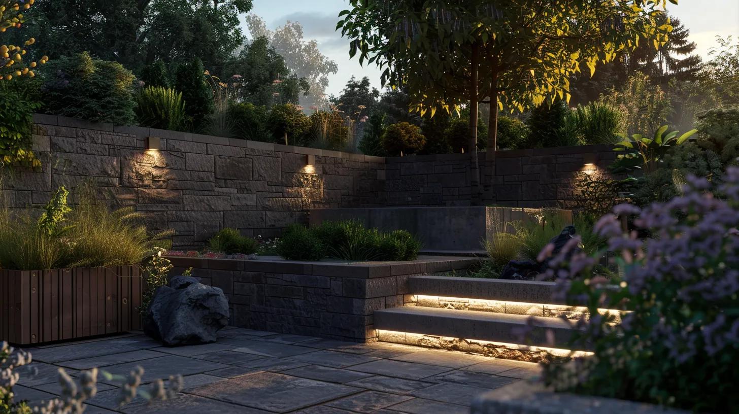 a contemporary outdoor space showcases a beautifully constructed concrete block retaining wall with dry stacked stone veneer, seamlessly integrating with a stylish hardscape patio and modern garden features, under soft artificial lighting that highlights the texture and design.