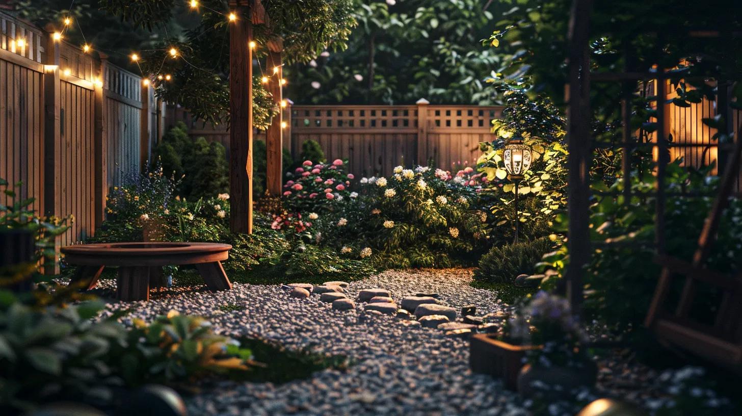 a cozy urban backyard showcases a well-maintained staggered double row of lush, dense privacy shrubs, creating an intimate atmosphere while providing sound insulation, illuminated by soft evening lights that enhance the tranquil setting.