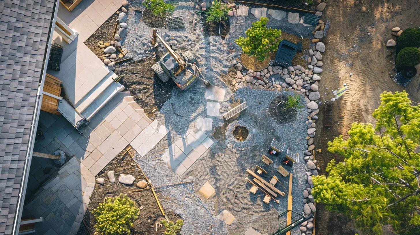 a detailed overhead shot of a sleek, modern outdoor construction site showcasing precisely installed landscaping rocks, crushed stone layers beneath paver bases, and neatly arranged flagstones, with tools like a plate compactor and pressure washer strategically placed to emphasize best practices in installation and maintenance.