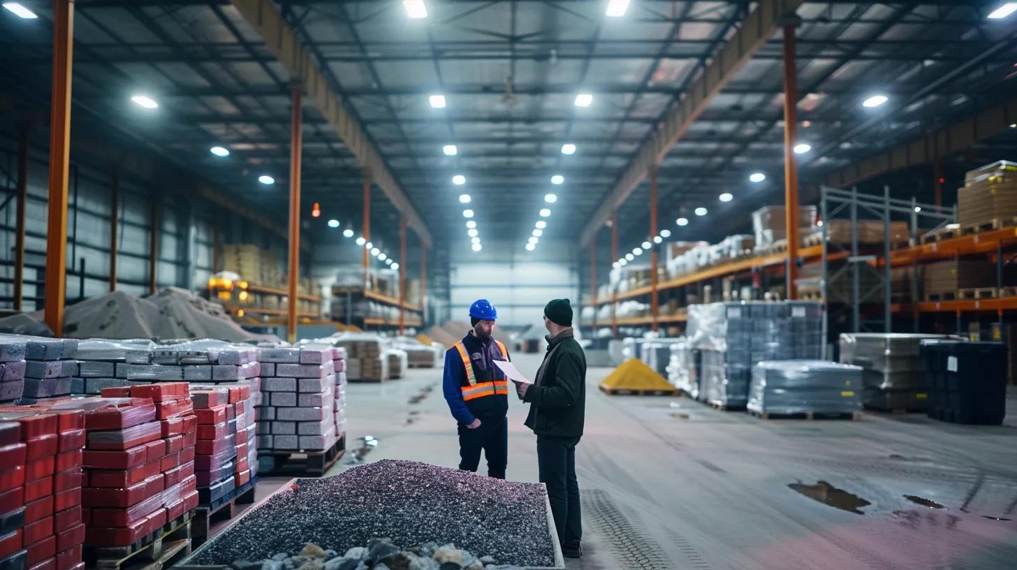 a dynamic indoor setting showcasing a bustling supplier&rsquo;s warehouse filled with neatly arranged pallets of colorful landscaping rocks and gravel, illuminated by bright overhead lights, complementing a team of professionals reviewing a gradation chart and comparing stone samples against quality certification documents.