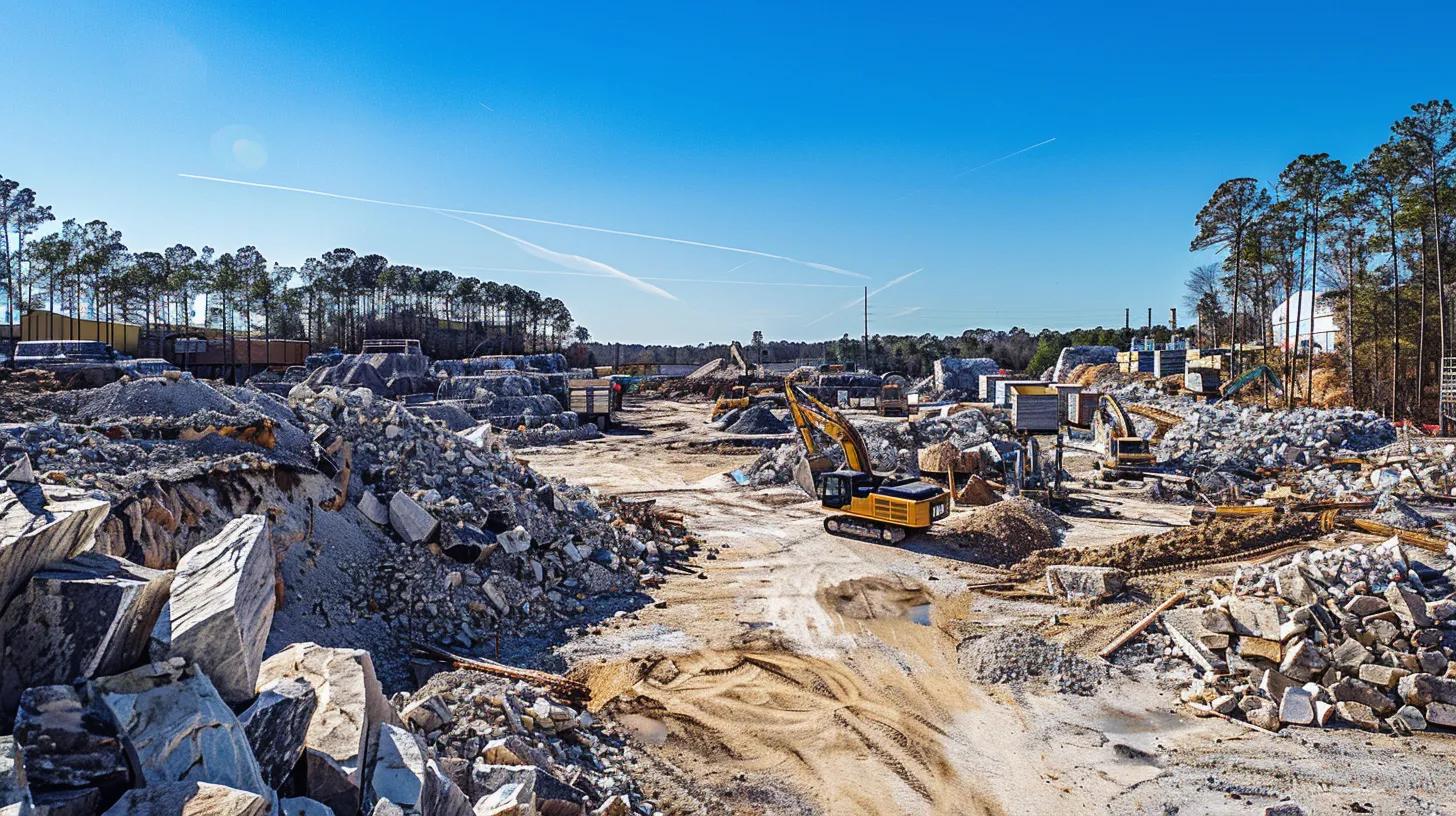 a dynamic urban quarry scene showcasing heavy machinery extracting glistening granite and quartzite, surrounded by towering rock piles and stacks of crushed stone, under a clear blue sky, highlighting the industrial vibrancy of georgia's landscaping resources.