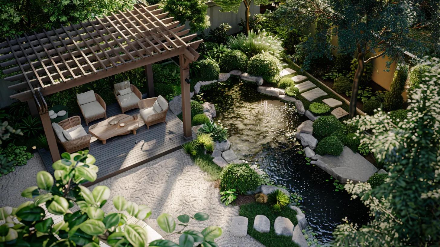 a meticulously arranged backyard oasis showcases a stunning water garden surrounded by strategically placed evergreens and vibrant maples, all under a sleek modern pergola, embodying thoughtful design and systematic transformation.