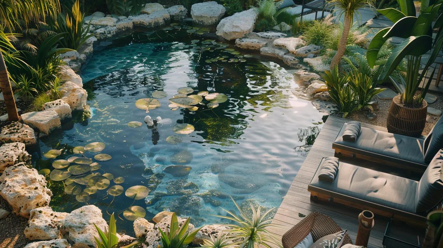 a meticulously designed backyard oasis features a pristine pond with crystal-clear water, enhanced by a compact submersible pump and surrounded by vibrant aquatic plant baskets, showcasing the perfect blend of ecosystem support and visual appeal in a harmonious outdoor space.