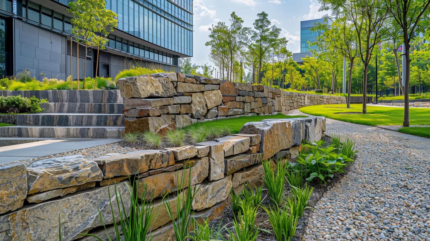 a meticulously designed urban landscaping project showcases sturdy retaining walls constructed with interlocking blocks, neatly arranged gravel pathways, and angular rocks, all engineered for optimal soil stability and drainage, against a backdrop of a modern building.