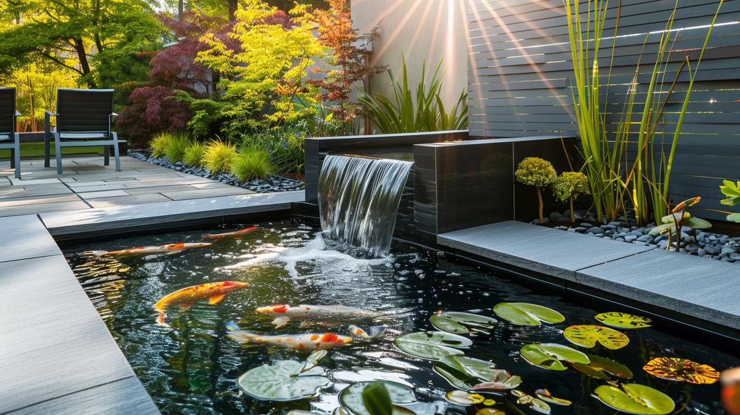 a meticulously designed urban backyard water garden in georgia showcases high-performance aquatic supplies, featuring a sleek pond with a stylish fountain, efficient pump systems, and vibrant koi, all contrasting against a contemporary stone patio under a bright, sunny sky.