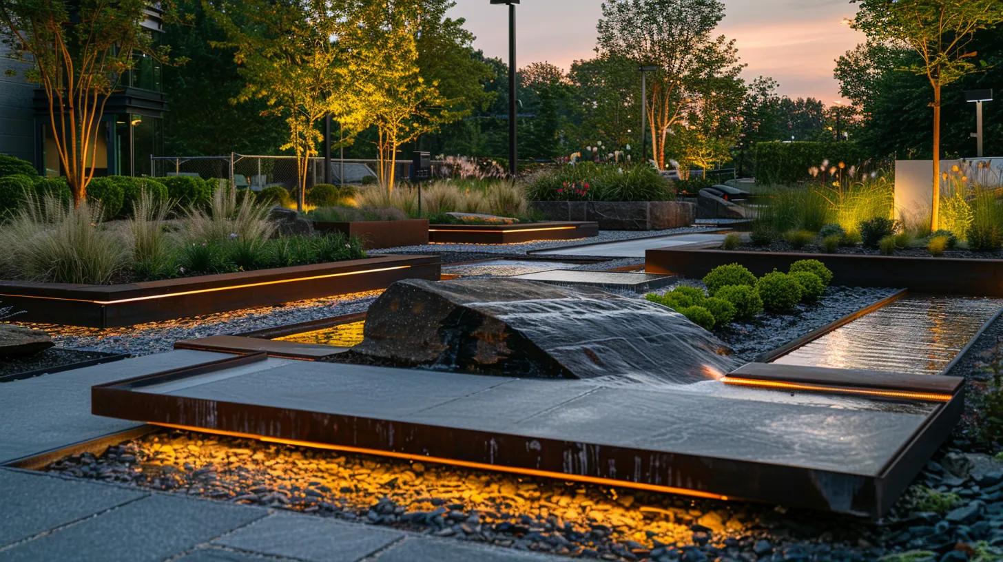 a meticulously designed urban landscape transformation showcases a vibrant hardscape featuring diverse materials, structured pathways, and strategically placed water features, all under stark artificial lighting that highlights the project&rsquo;s clean lines and cohesive design.