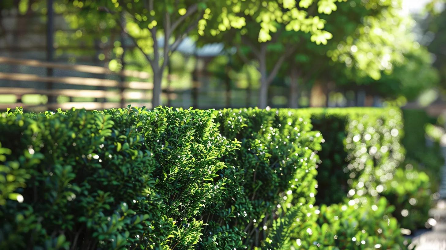 a meticulously planned landscape featuring structured evergreen hedges and conifers, set against a modern urban backdrop, showcasing vibrant green foliage that provides privacy and sharp visual contrast in an aesthetically pleasing outdoor space.
