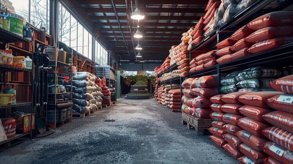 a modern garden supply store in georgia features neatly stacked bags of rich, red cedar mulch, illuminated by bright overhead lights, creating an inviting and organized atmosphere that highlights the product's quality and aesthetic appeal.