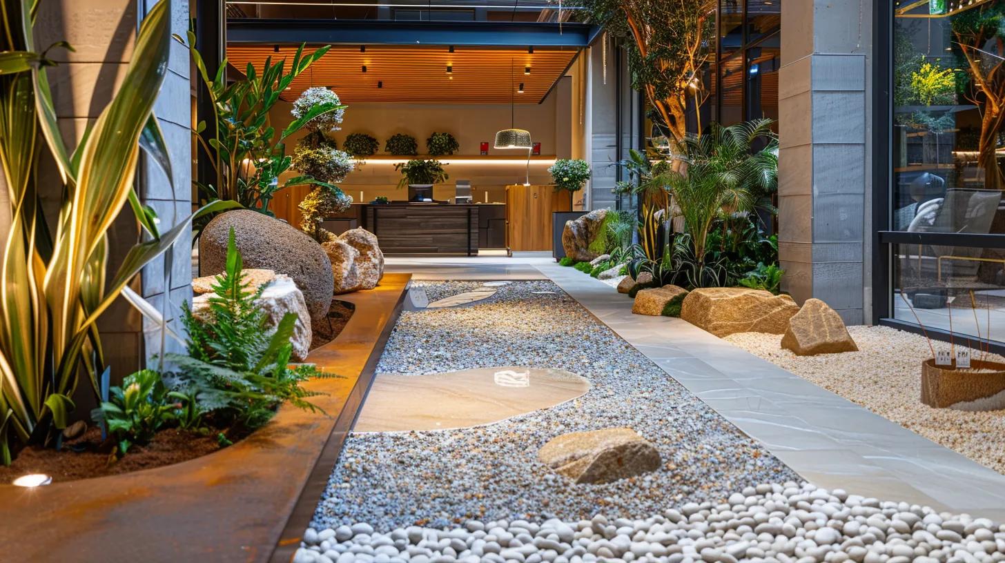 a modern landscaping showroom displays an array of decorative stone varieties, including smooth pea gravel, reflective marble chips, and angular trap rock, arranged in visually distinct sections that highlight their unique characteristics and ideal landscaping applications under bright, artificial lighting.
